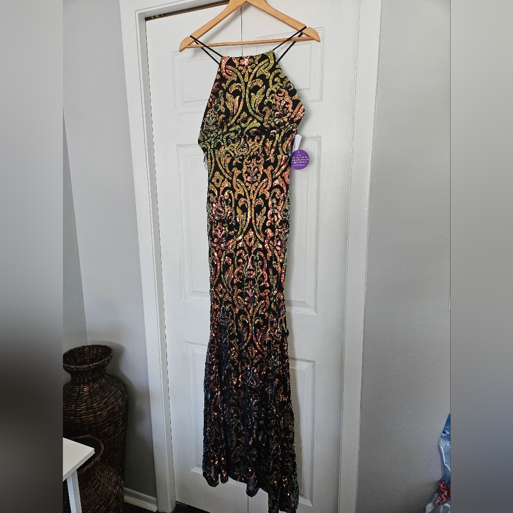 High Neck, Strappy back Sequin Gown